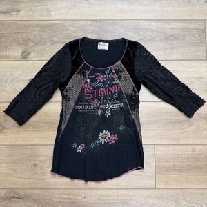 Edista Womens Vintage Y2K Grunge Graphic Top Black Sheer Embroidered‎ Sleeves S